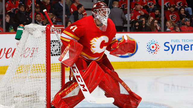 CALGARY, AB - MARCH 29: Mike Smith #41 of the Calgary Flames skates against the Anaheim Ducks during an NHL game on March 29, 2019 at the Scotiabank Saddledome in Calgary, Alberta, Canada.