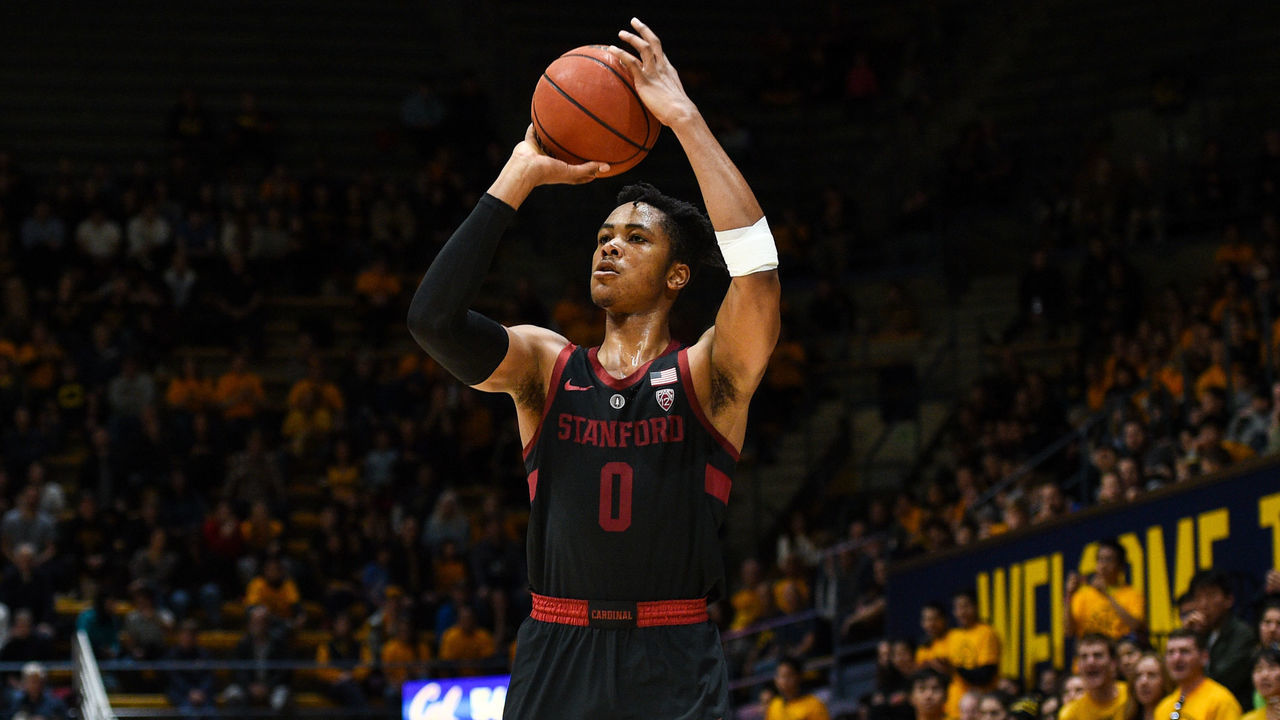 BERKELEY, CA - FEBRUARY 3: KZ Okpala #0 of the Stanford Cardinal shoots an open jump shot against the California Golden Bears during their game at Haas Pavilion on February 3, 2019 in Berkeley, California.