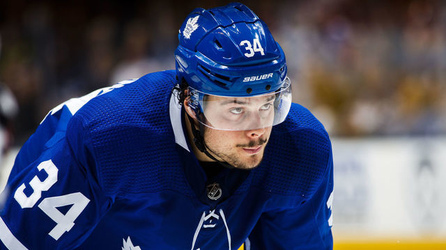 TORONTO, ON - APRIL 04: Auston Matthews #34 of the Toronto Maple Leafs looks on against the Tampa Bay Lightning during the third period at the Scotiabank Arena on April 4, 2019 in Toronto, Ontario, Canada.