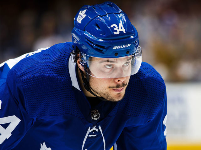 TORONTO, ON - APRIL 04: Auston Matthews #34 of the Toronto Maple Leafs looks on against the Tampa Bay Lightning during the third period at the Scotiabank Arena on April 4, 2019 in Toronto, Ontario, Canada.
