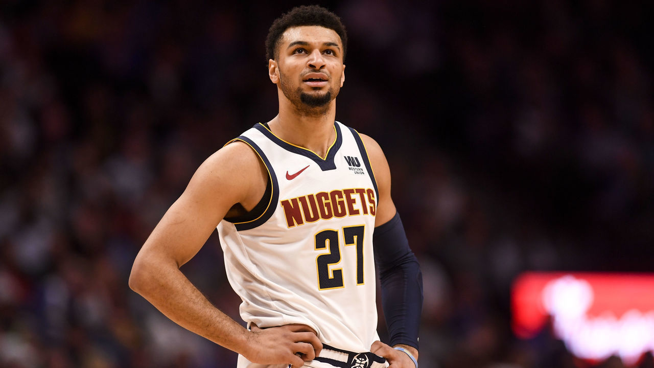 DENVER , CO - FEBRUARY 26: Jamal Murray (27) of the Denver Nuggets takes a breather against the Oklahoma City Thunder during the fourth quarter of the Nuggets' 121-112 win on Tuesday, February 26, 2019.