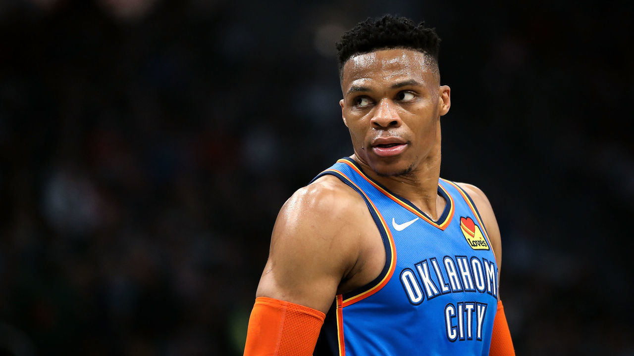 MILWAUKEE, WISCONSIN - APRIL 10: Russell Westbrook #0 of the Oklahoma City Thunder looks on in the first quarter against the Milwaukee Bucks at the Fiserv Forum on April 10, 2019 in Milwaukee, Wisconsin.