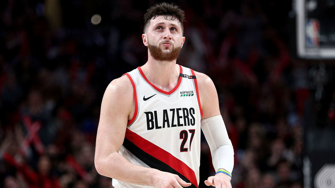 PORTLAND, OR - MARCH 25: Jusuf Nurkic #27 of the Portland Trail Blazers reacts in the fourth quarter against the Brooklyn Nets during their game at Moda Center on March 25, 2019 in Portland, Oregon.