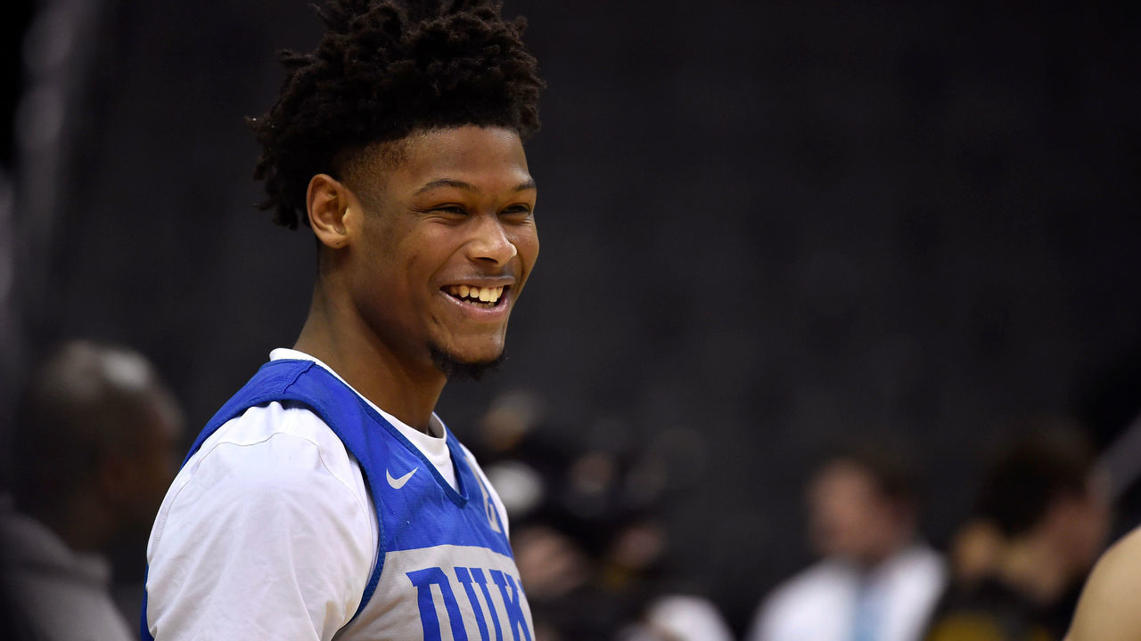 WASHINGTON, DC - MARCH 28: Cam Reddish #2 of the Duke Blue Devils smiles during a practice session ahead of the 2019 NCAA Men's Basketball Tournament East Regional at Capital One Arena on March 28, 2019 in Washington, DC.