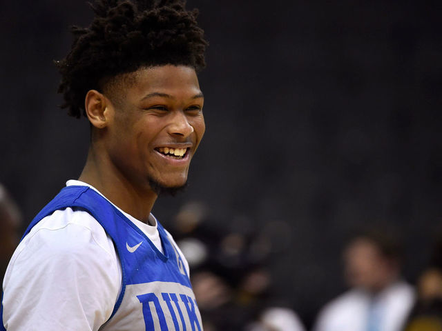 WASHINGTON, DC - MARCH 28: Cam Reddish #2 of the Duke Blue Devils smiles during a practice session ahead of the 2019 NCAA Men's Basketball Tournament East Regional at Capital One Arena on March 28, 2019 in Washington, DC.