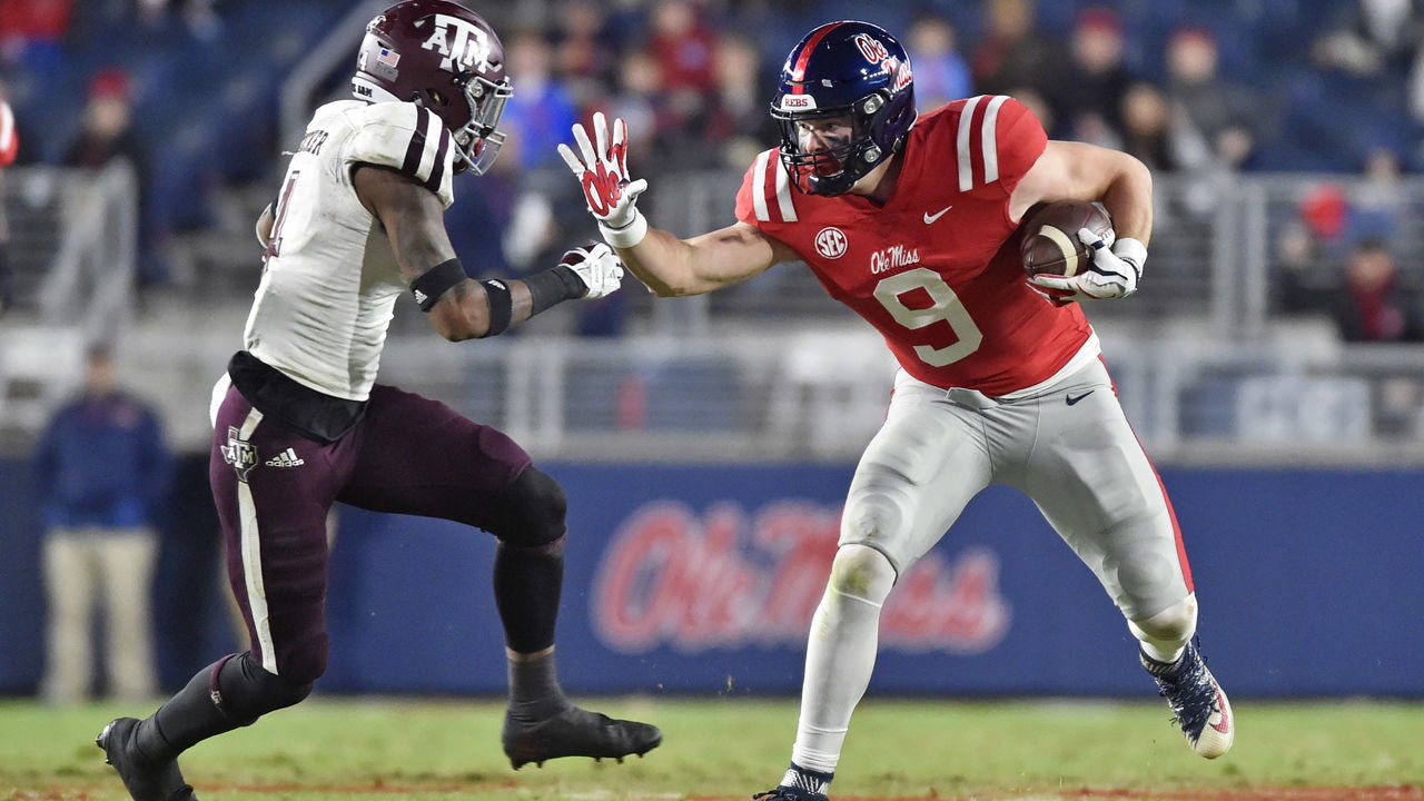 OXFORD, MS - NOVEMBER 18: Mississippi Rebels tight end Dawson Knox (9) looks to avoid a Texas A&M Aggies defender after making a catch during the second quarter of a college football game on November 18, 2017, at Vaught-Hemmingway Stadium in Oxford, MS.