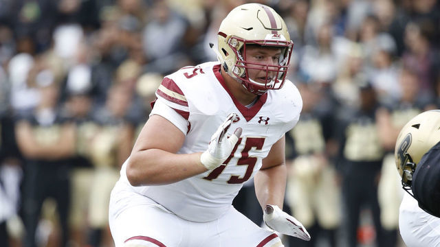 WEST LAFAYETTE, IN - SEPTEMBER 22: Chris Lindstrom #75 of the Boston College Eagles in action during the game against the Purdue Boilermakers at Ross-Ade Stadium on September 22, 2018 in West Lafayette, Indiana. Purdue won 30-13.