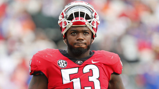 JACKSONVILLE, FL - OCTOBER 27: Georgia Bulldogs center Lamont Gaillard (53) looks on during the game between the Florida Gators and the Georgia Bulldogs on October 27, 2018 at TIAA Bank Field in Jacksonville, Fl.