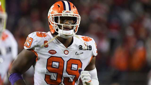 SANTA CLARA, CA - JANUARY 07: Clelin Ferrell #99 of the Clemson Tigers react against the Alabama Crimson Tide in the CFP National Championship presented by AT&T at Levi's Stadium on January 7, 2019 in Santa Clara, California.