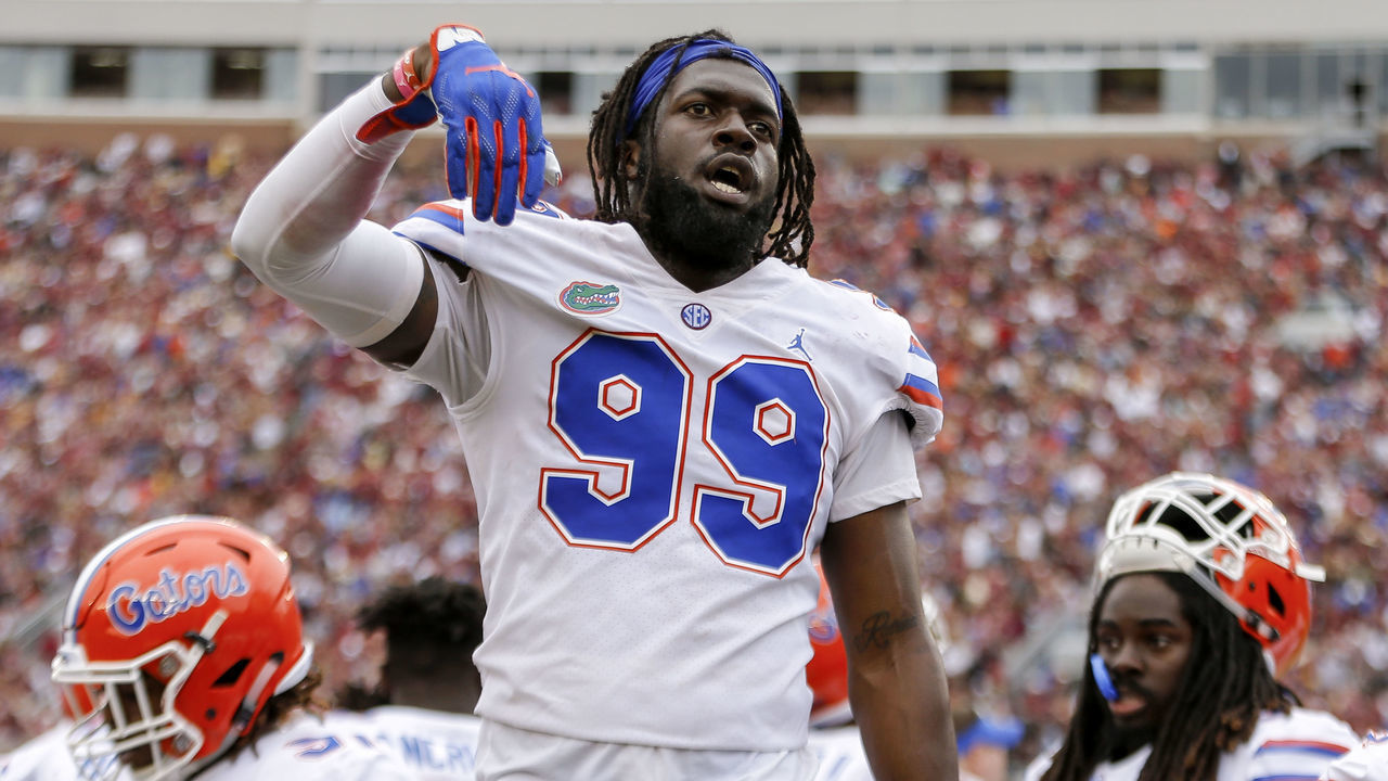 TALLAHASSEE, FL - NOVEMBER 24: Defensive End Jachai Polite #99 of the Florida Gators on the sideline during the game against the Florida State Seminoles at Doak Campbell Stadium on Bobby Bowden Field on November 24, 2018 in Tallahassee, Florida. The #11 Ranked Florida Gators defeated the Florida State Seminoles 41 to 14.