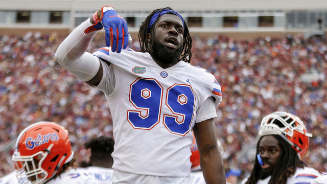 TALLAHASSEE, FL - NOVEMBER 24: Defensive End Jachai Polite #99 of the Florida Gators on the sideline during the game against the Florida State Seminoles at Doak Campbell Stadium on Bobby Bowden Field on November 24, 2018 in Tallahassee, Florida. The #11 Ranked Florida Gators defeated the Florida State Seminoles 41 to 14.