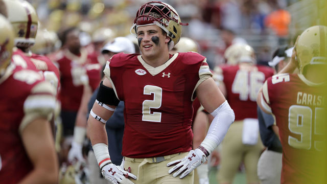 CHESTNUT HILL, MA - SEPTEMBER 08: Boston College defensive end Zach Allen (2) on the sideline during a game between the Boston College Eagles and the Holy Cross Crusaders on September 8, 2018, at Alumni Stadium in Chestnut Hill, Massachusetts. The Eagles defeated the Crusaders 62-14.