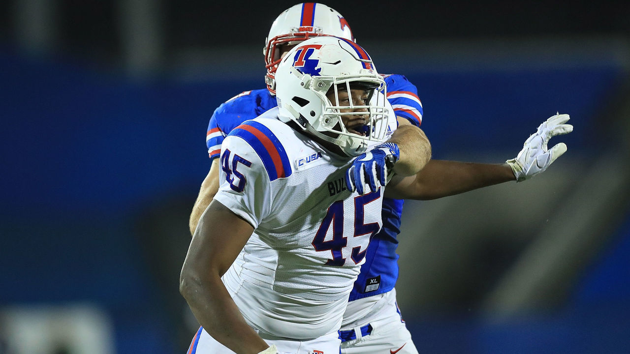 FRISCO, TX - DECEMBER 20: Jaylon Ferguson #45 of the Louisiana Tech Bulldogs during the 2017 DXL Frisco Bowl on December 20, 2017 in Frisco, Texas.