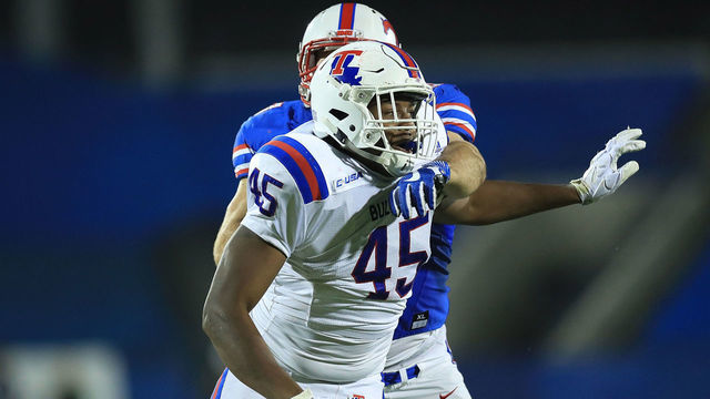 FRISCO, TX - DECEMBER 20: Jaylon Ferguson #45 of the Louisiana Tech Bulldogs during the 2017 DXL Frisco Bowl on December 20, 2017 in Frisco, Texas.