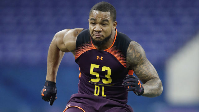INDIANAPOLIS, IN - MARCH 03: Defensive lineman Oshane Ximines of Old Dominion in action during day four of the NFL Combine at Lucas Oil Stadium on March 3, 2019 in Indianapolis, Indiana.