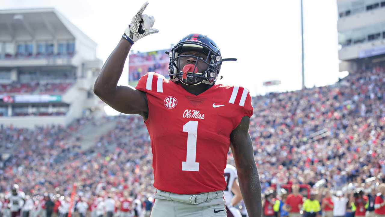 OXFORD, MS - SEPTEMBER 8: A.J. Brown #1 of the Mississippi Rebels points to the sky after scoring a touchdown against the Southern Illinois Salukis during the first half at Vaught-Hemingway Stadium on September 8, 2018 in Oxford, Mississippi.