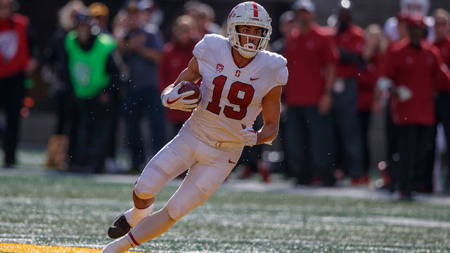BERKELEY, CA - DECEMBER 01: Wide receiver JJ Arcega-Whiteside #19 of the Stanford Cardinal rushes up field after a pass reception against the California Golden Bears during the first quarter at California Memorial Stadium on December 1, 2018 in Berkeley, California. The Stanford Cardinal defeated the California Golden Bears 23-13.