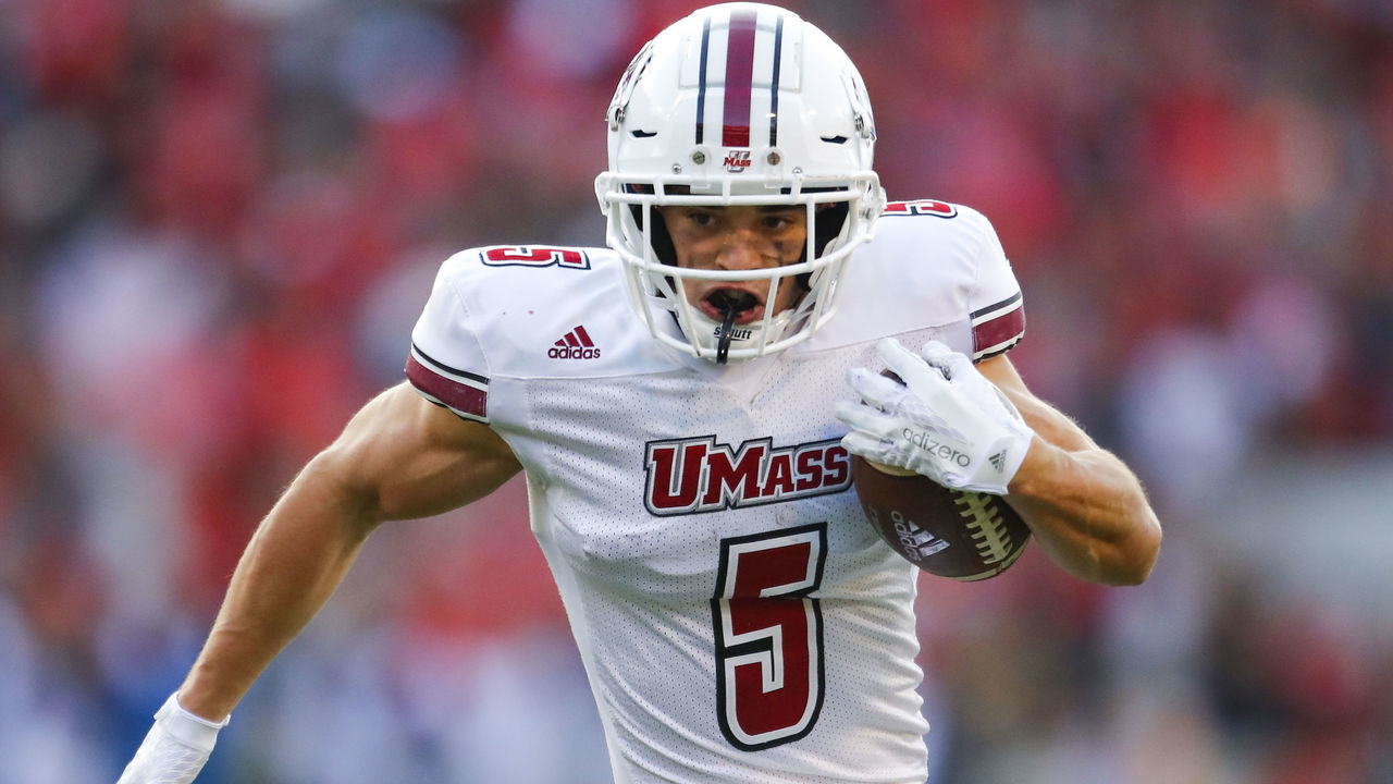 ATHENS, GA - NOVEMBER 17: Massachusetts Minutemen wide receiver Andy Isabella (5) turns upfield during the Massachusetts Minutemen v Georgia Bulldogs game on November 17, 2018 at Sanford Stadium in Athens, GA.