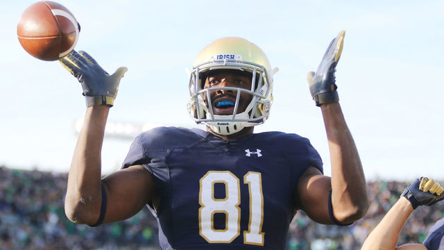 SOUTH BEND, IN - OCTOBER 13: Notre Dame Fighting Irish wide receiver Miles Boykin (81) celebrates after scoring touchdown during the college football game between the Notre Dame Fighting Irish and Pittsburgh Panthers on October 13, 2018, at Notre Dame Stadium in South Bend, IN.