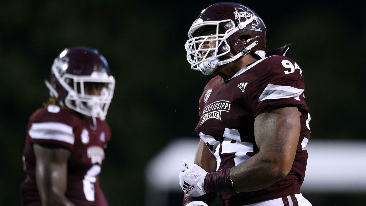 STARKVILLE, MS - SEPTEMBER 01: Jeffery Simmons #94 of the Mississippi State Bulldogs reacts during a game against the Stephen F. Austin Lumberjacks at Davis Wade Stadium on September 1, 2018 in Starkville, Mississippi.