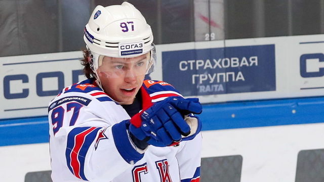 MOSCOW, RUSSIA MARCH 2, 2019: HC SKA St Petersburg's Nikita Gusev celebrates scoring in Leg 3 of their 2018/19 KHL Western Conference quarterfinal playoff tie against HC Spartak Moscow, at CSKA Arena. Sergei Savostyanov/TASS