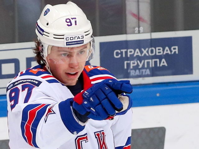 MOSCOW, RUSSIA MARCH 2, 2019: HC SKA St Petersburg's Nikita Gusev celebrates scoring in Leg 3 of their 2018/19 KHL Western Conference quarterfinal playoff tie against HC Spartak Moscow, at CSKA Arena. Sergei Savostyanov/TASS