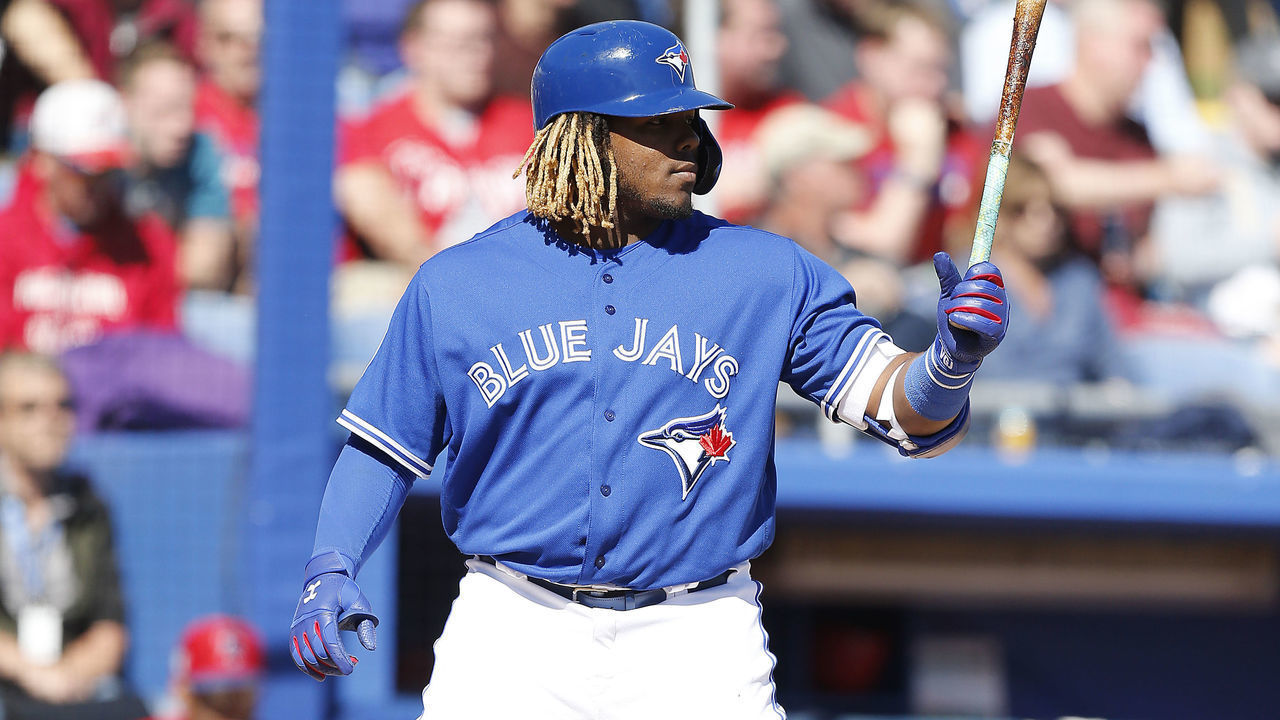 DUNEDIN, FLORIDA - MARCH 06: Vladimir Guerrero Jr. #27 of the Toronto Blue Jays in action against the Philadelphia Phillies during the Grapefruit League spring training game at Dunedin Stadium on March 06, 2019 in Dunedin, Florida.