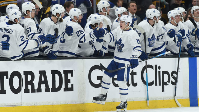 BOSTON, MA - APRIL 11: Mitchell Marner #16 of the Toronto Maple Leafs celebrates his goal against the Boston Bruins in Game One of the Eastern Conference First Round during the 2019 NHL Stanley Cup Playoffs at the TD Garden on April 11, 2019 in Boston, Massachusetts.