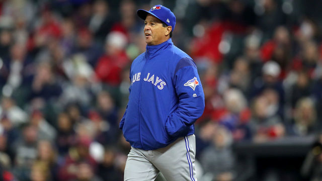 CLEVELAND, OH - APRIL 05: Toronto Blue Jays manager Charlie Montoyo (25) makes his way to the mound to make a pitching change during the sixth inning of the Major League Baseball game between the Toronto Blue Jays and Cleveland Indians on April 5, 2019, at Progressive Field in Cleveland, OH.