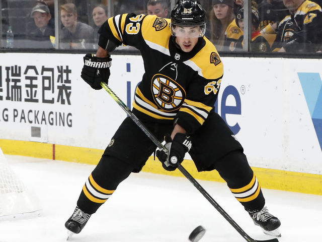 BOSTON, MA - MARCH 07: Boston Bruins left wing Brad Marchand (63) plays the puck during a game between the Boston Bruins and the Florida Panthers on March 7, 2019, at TD Garden in Boston, Massachusetts.