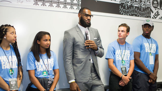 AKRON, OH - JULY 30: LeBron James addresses the media following the grand opening of the I Promise school on July 30, 2018 in Akron, Ohio. The new school is a partnership between the LeBron James Family foundation and Akron Public Schools. NOTE TO USER: User expressly acknowledges and agrees that, by downloading and/or using this Photograph, user is consenting to the terms and conditions of the Getty Images License Agreement. Mandatory Copyright Notice: Copyright 2018 NBAE
