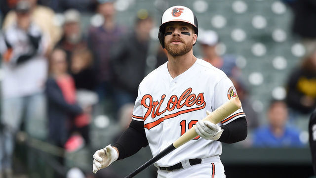 BALTIMORE, MD - APRIL 11: Chris Davis #19 of the Baltimore Orioles walks to the dugout after striking out in the eighth inning against the Oakland Athletics at Oriole Park at Camden Yards on April 11, 2019 in Baltimore, Maryland.
