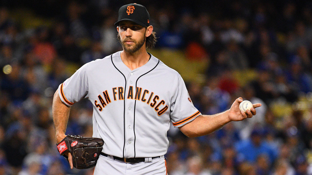 LOS ANGELES, CA - APRIL 02: San Francisco Giants Starting pitcher Madison Bumgarner (40) looks on during a MLB game between the San Francisco Giants and the Los Angeles Dodgers on April 2, 2019 at Dodger Stadium in Los Angeles, CA.