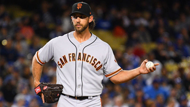 LOS ANGELES, CA - APRIL 02: San Francisco Giants Starting pitcher Madison Bumgarner (40) looks on during a MLB game between the San Francisco Giants and the Los Angeles Dodgers on April 2, 2019 at Dodger Stadium in Los Angeles, CA.
