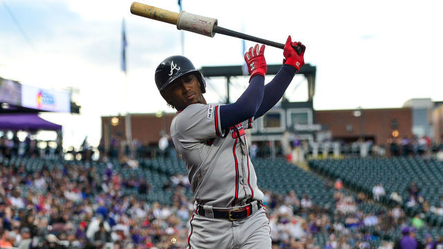 DENVER, CO - APRIL 8: Ozzie Albies #1 of the Atlanta Braves takes a moment in the on deck circle before batting against the Colorado Rockies in the first inning of a game at Coors Field on April 8, 2019 in Denver, Colorado.