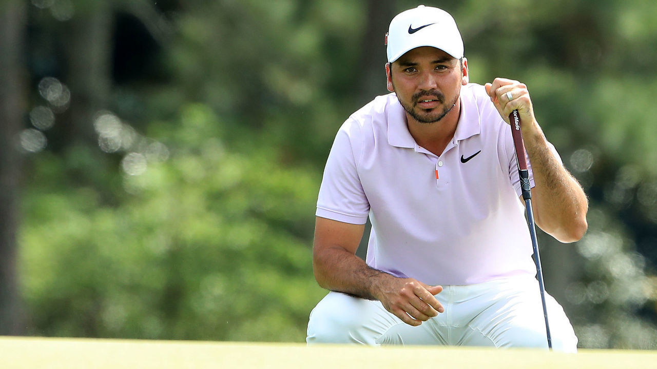 AUGUSTA, GEORGIA - APRIL 12: Jason Day of Australia lines up a putt on the 18th green during the second round of the Masters at Augusta National Golf Club on April 12, 2019 in Augusta, Georgia.