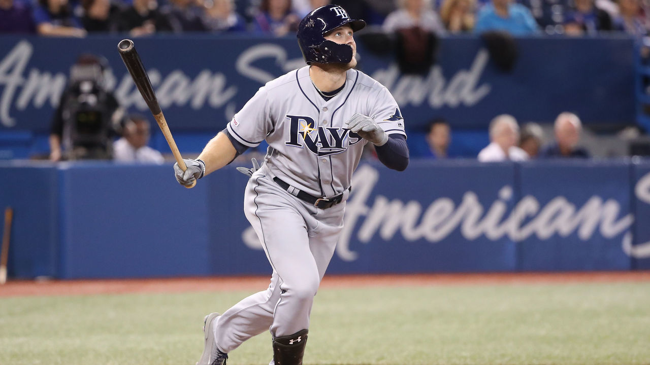TORONTO, ON - APRIL 12: Austin Meadows #17 of the Tampa Bay Rays watches as he hits a solo home run in the third inning during MLB game action against the Toronto Blue Jays at Rogers Centre on April 12, 2019 in Toronto, Canada.
