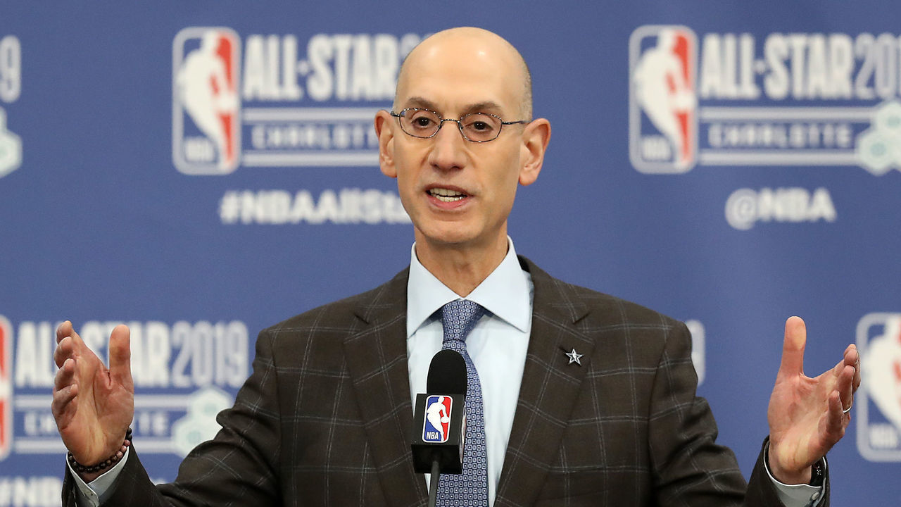 CHARLOTTE, NORTH CAROLINA - FEBRUARY 16: Adam Silver, NBA Commissioner, talks to the media during the NBA All Star Commissioner's Media Availability as part of the 2019 NBA All-Star Weekend at Spectrum Center on February 16, 2019 in Charlotte, North Carolina.