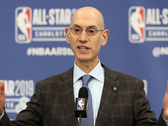 CHARLOTTE NORTH CAROLINA - FEBRUARY 16 Adam Silver NBA Commissioner talks to the media during the NBA All Star Commissioners Media Availability as part of the 2019 NBA All-Star Weekend at Spectrum Center on February 16 2019 in Charlotte North Carolina