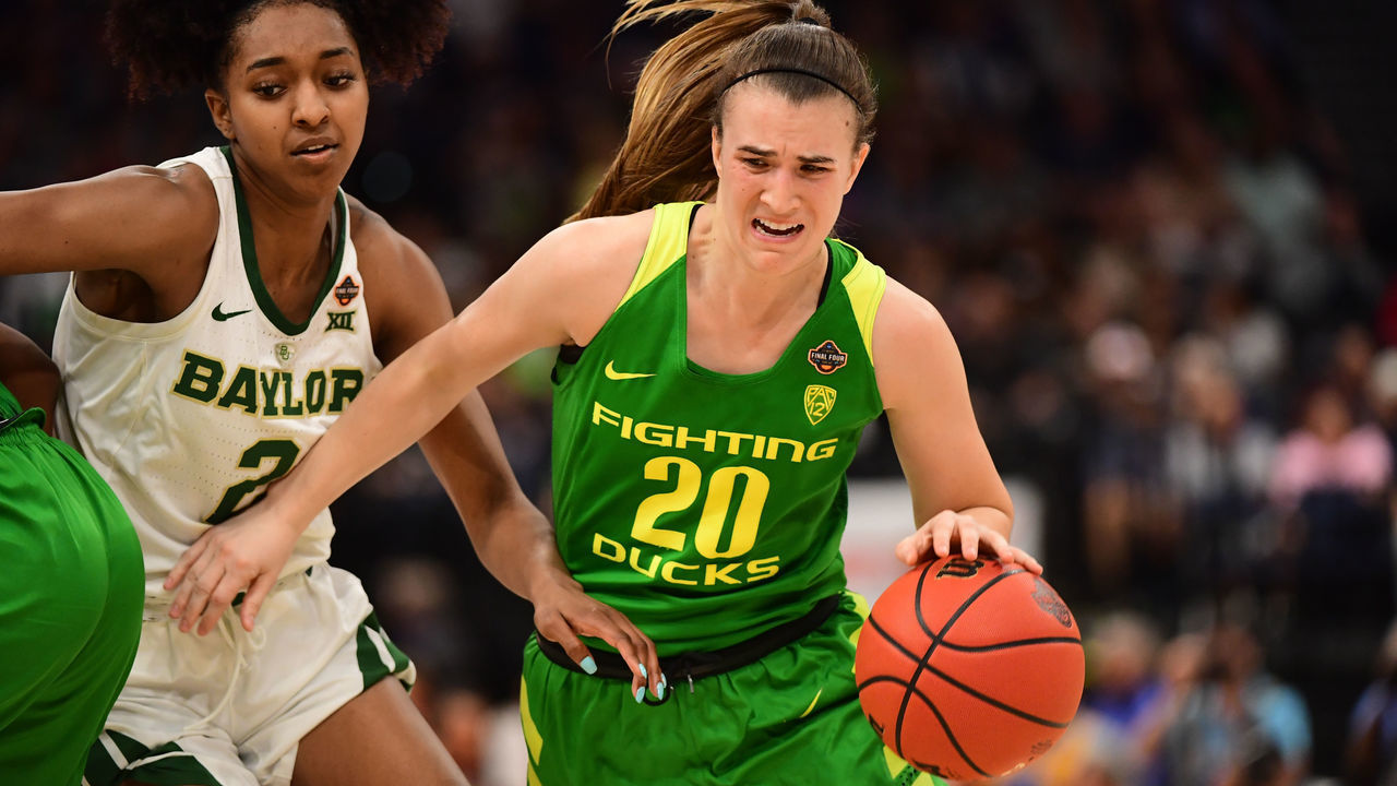 TAMPA, FL - APRIL 05: Sabrina Ionescu #20 of the Oregon Ducks drives the lane against DiDi Richards #2 of the Baylor Bears at Amalie Arena on April 5, 2019 in Tampa, Florida.