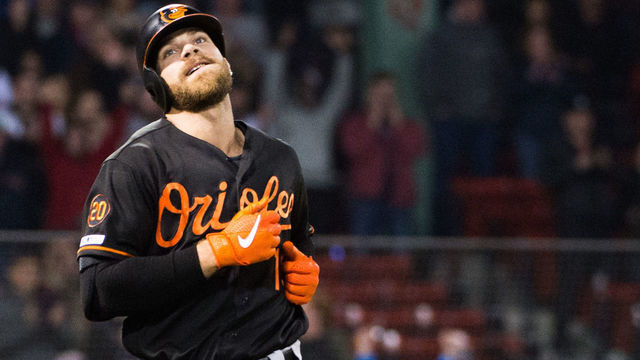 BOSTON, MA - APRIL 12: Chris Davis #19 of the Baltimore Orioles reacts after lining out to end the game against the Boston Red Sox at Fenway Park on April 12, 2019 in Boston, Massachusetts.