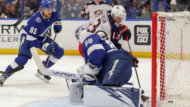TAMPA, FL - APRIL 12: Cam Atkinson #13 of the Columbus Blue Jackets scores past Andrei Vasilevskiy #88 of the Tampa Bay Lightning during the first period in Game Two of the Eastern Conference First Round during the 2019 NHL Stanley Cup Playoffs at Amalie Arena on April 12, 2019 in Tampa, Florida.
