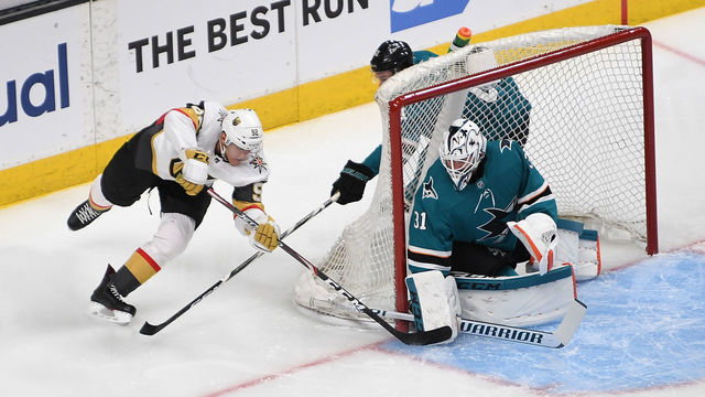 SAN JOSE, CA - APRIL 12: Martin Jones #31 of the San Jose Sharks saves a shot by Tomas Nosek #92 of the Vegas Golden Knights during the first period in Game Two of the Western Conference First Round during the 2019 Stanley Cup Playoffs at SAP Center on April 12, 2019 in San Jose, California.
