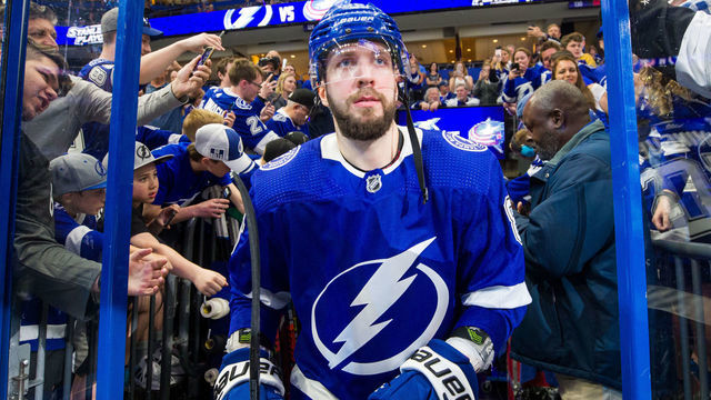 TAMPA, FL - APRIL 12: Nikita Kucherov #86 of the Tampa Bay Lightning steps out to the ice for pregame warm ups against the Columbus Blue Jackets before Game Two of the Eastern Conference First Round during the 2019 NHL Stanley Cup Playoffs at at Amalie Arena on April 12, 2019 in Tampa, Florida.