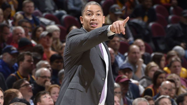 CLEVELAND, OH - OCTOBER 24: Head coach Tyronn Lue of the Cleveland Cavaliers reacts during the game against the Brooklyn Nets on October 24, 2018 at Quicken Loans Arena in Cleveland, Ohio. NOTE TO USER: User expressly acknowledges and agrees that, by downloading and/or using this photograph, user is consenting to the terms and conditions of the Getty Images License Agreement. Mandatory Copyright Notice: Copyright 2018 NBAE
