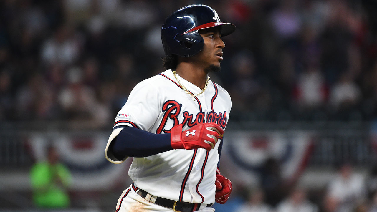 ATLANTA, GEORGIA - APRIL 06: Ozzie Albies #1 of the Atlanta Braves runs to first base in the 8th inning against the Miami Marlins at SunTrust on April 06, 2019 in Atlanta, Georgia.