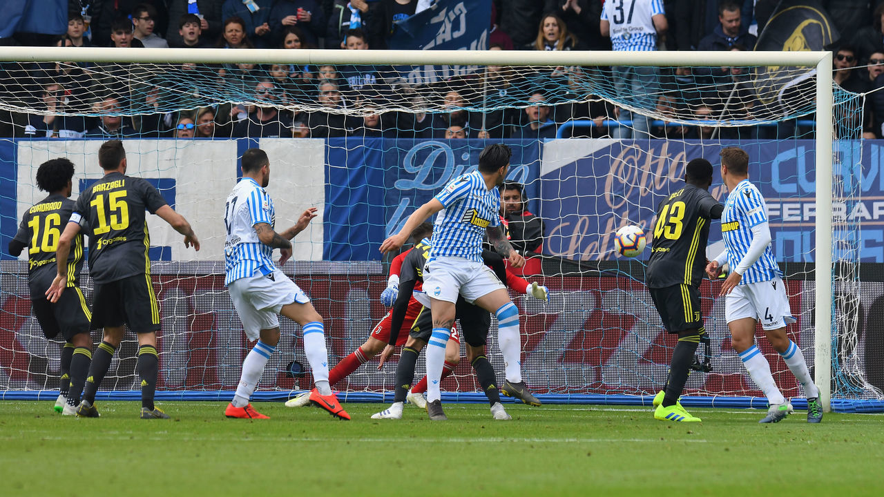 FERRARA, ITALY - APRIL 13: SPAL player Kevin Bonifazi scores a goal during the Serie A match between SPAL and Juventus at Stadio Paolo Mazza on April 13, 2019 in Ferrara, Italy.