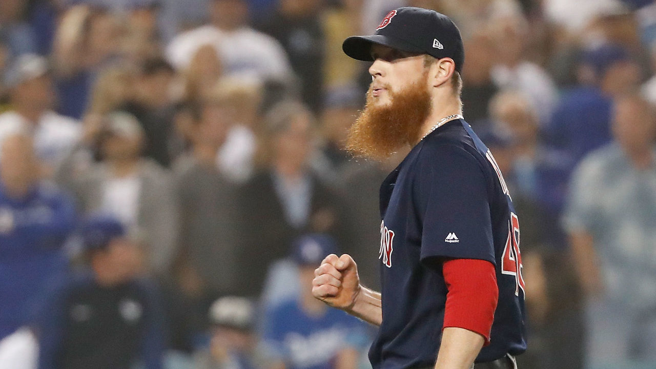 LOS ANGELES, CA - OCTOBER 27: Closing pitcher Craig Kimbrel #46 of the Boston Red Sox pumps his fist after the last out of the ninth inning to defeat the Los Angeles Dodgers 9-6 in Game Four of the 2018 World Series at Dodger Stadium on October 27, 2018 in Los Angeles, California.