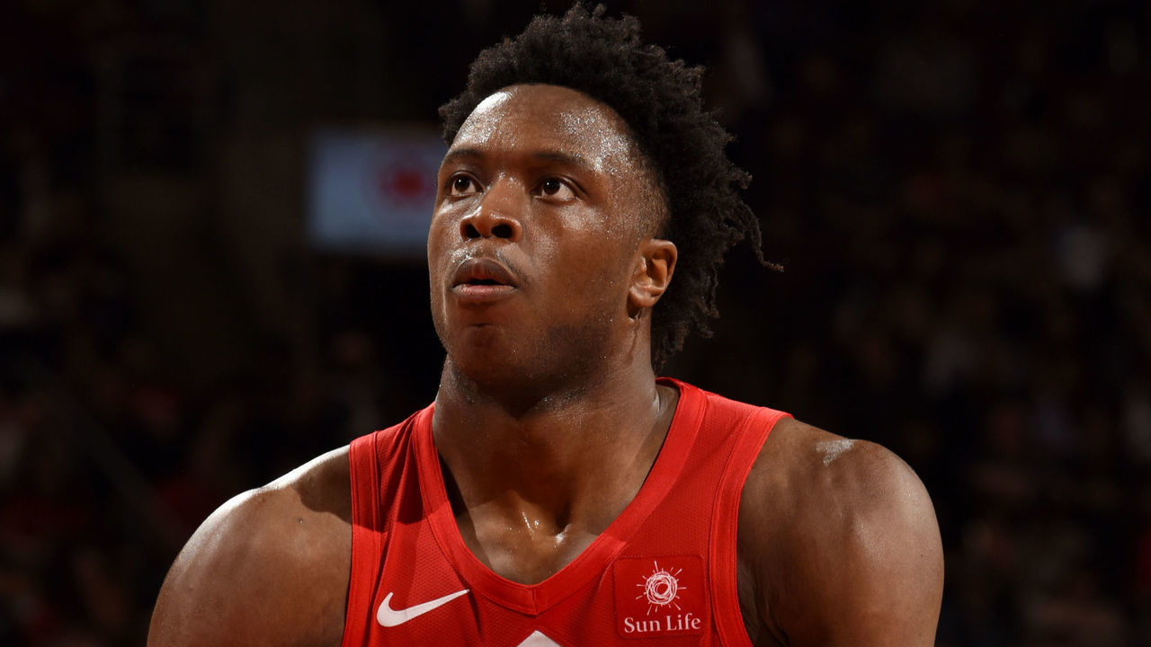 TORONTO, CANADA - MARCH 26: OG Anunoby #3 of the Toronto Raptors shoots a free-throw against the Chicago Bulls on March 26, 2019 at the Scotiabank Arena in Toronto, Ontario, Canada. Mandatory Copyright Notice: Copyright 2019 NBAE