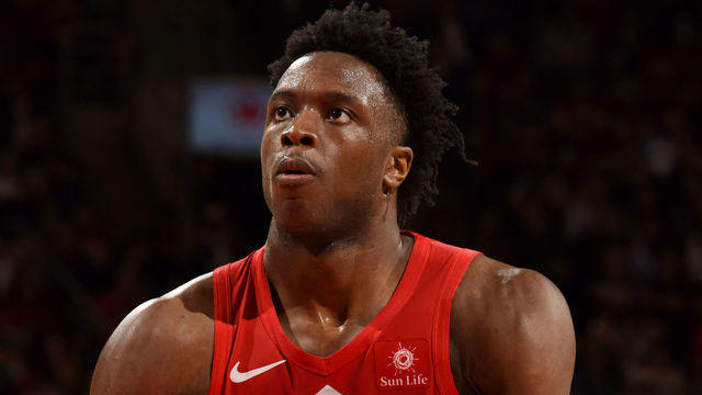 TORONTO, CANADA - MARCH 26: OG Anunoby #3 of the Toronto Raptors shoots a free-throw against the Chicago Bulls on March 26, 2019 at the Scotiabank Arena in Toronto, Ontario, Canada. Mandatory Copyright Notice: Copyright 2019 NBAE